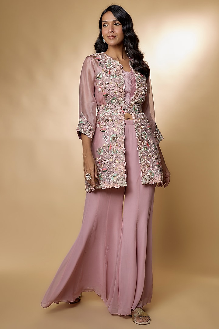 Pink Pure Organza Embroidered Jacket Set by Ojasvini