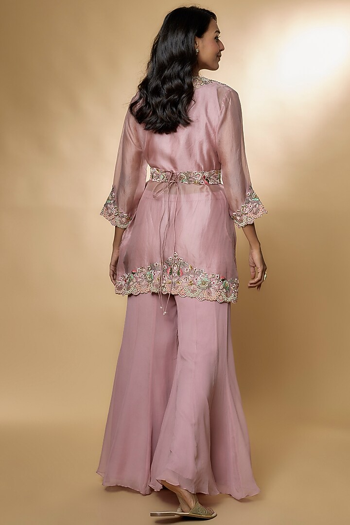 Pink Pure Organza Embroidered Jacket Set by Ojasvini at Pernia's Pop Up Shop
