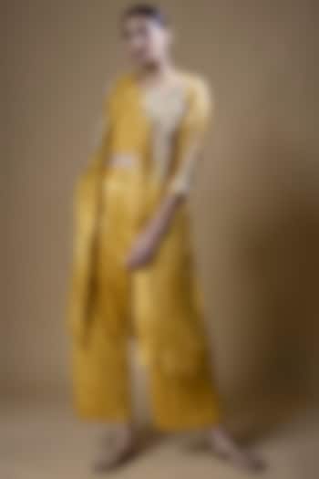 Yellow Pure Organza Embroidered Jacket Set by Ojasvini at Pernia's Pop Up Shop