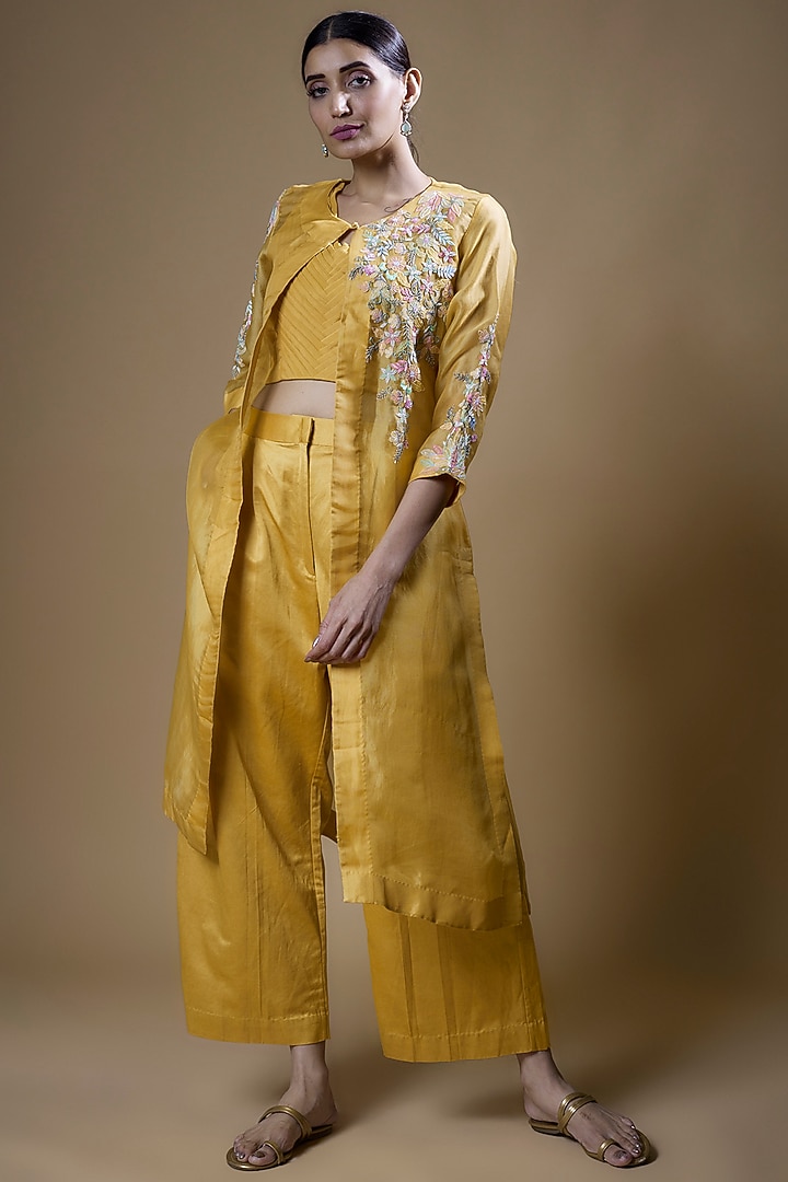 Yellow Pure Organza Embroidered Jacket Set by Ojasvini at Pernia's Pop Up Shop