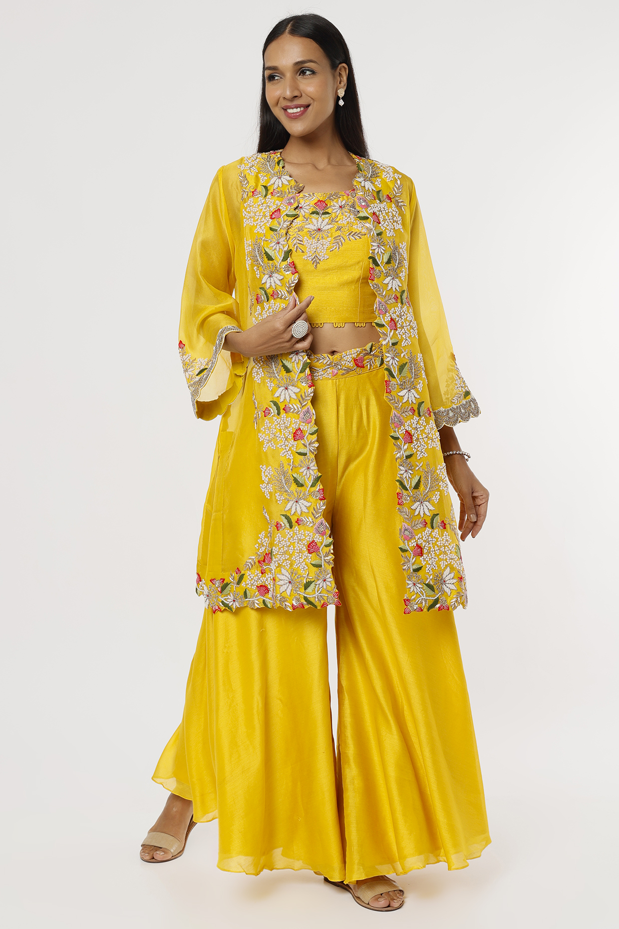 Golden Yellow Embroidered Jacket Set by Ojasvini at Pernia's Pop Up Shop