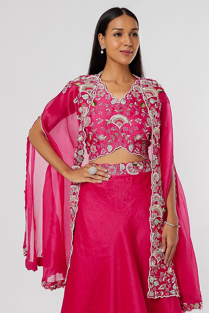 Cherry Red Organza Layered Wedding Lehenga Set by Ojasvini at Pernia's Pop Up Shop