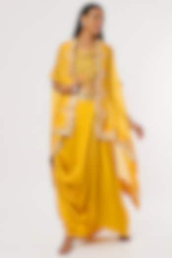 Mustard Yellow Silk & Satin Modal Cowl Skirt Set by Ojasvini