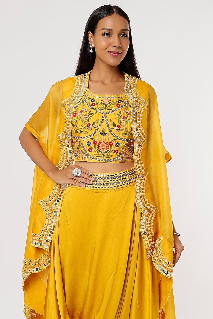 Mustard Yellow Silk & Satin Modal Cowl Skirt Set by Ojasvini at Pernia's Pop Up Shop