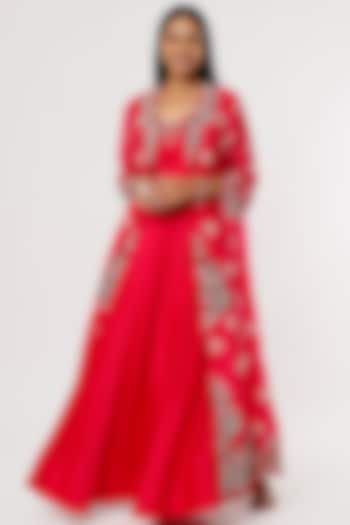 Cherry Red Chanderi Anarkali Set by Ojasvini at Pernia's Pop Up Shop