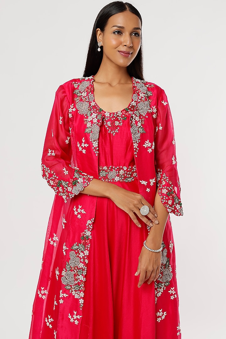 Cherry Red Chanderi Wedding Anarkali Set by Ojasvini at Pernia's Pop Up Shop