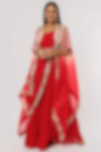 Red Georgette Gown With Embroidered Drape by Ojasvini
