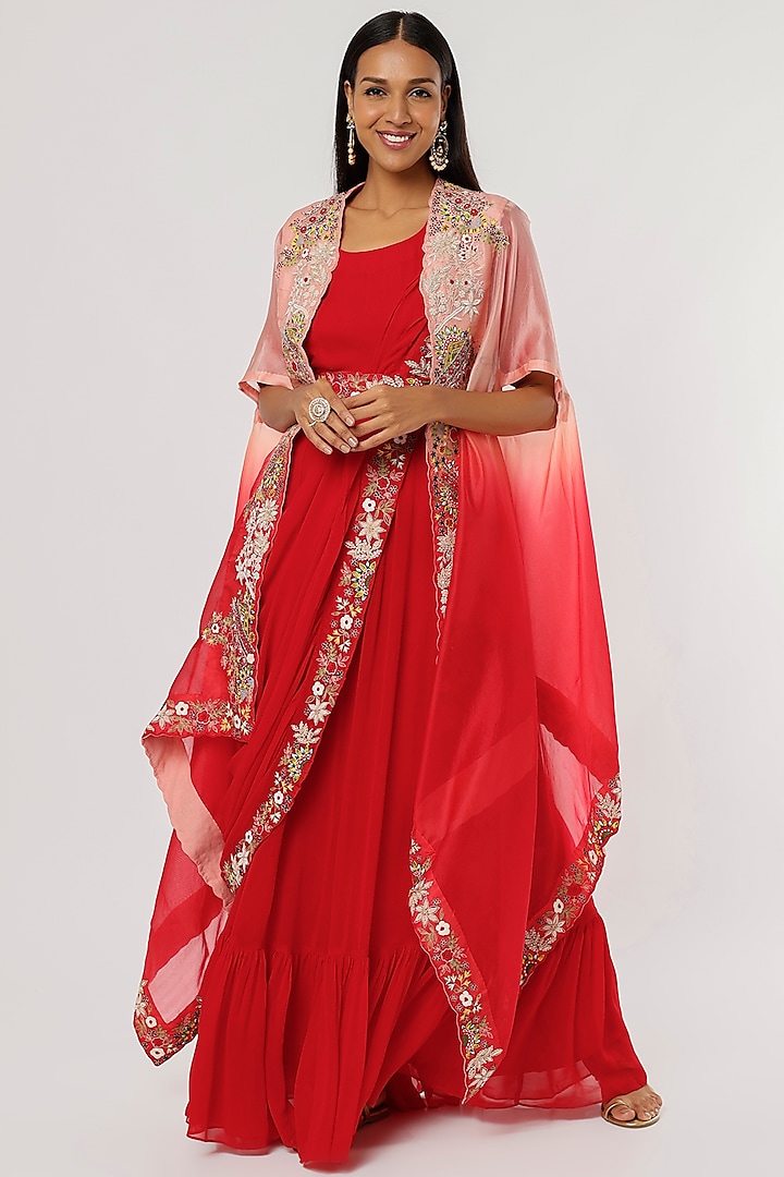 Red Georgette Gown With Embroidered Drape by Ojasvini