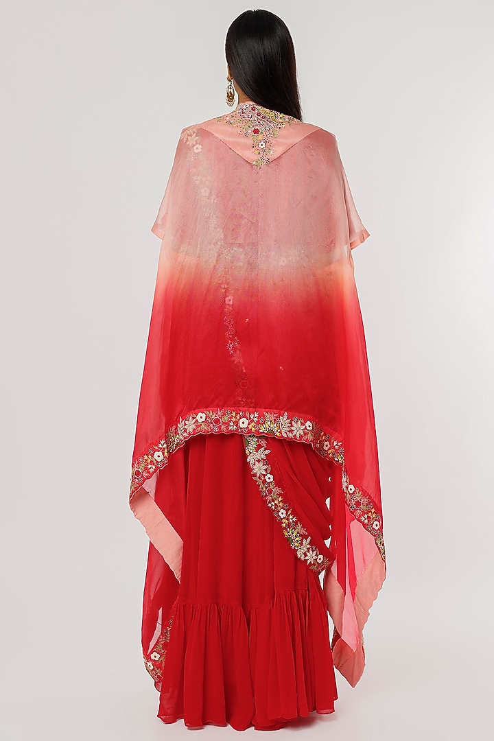 Red Georgette Engagement Gown With Embroidered Drape by Ojasvini at Pernia's Pop Up Shop