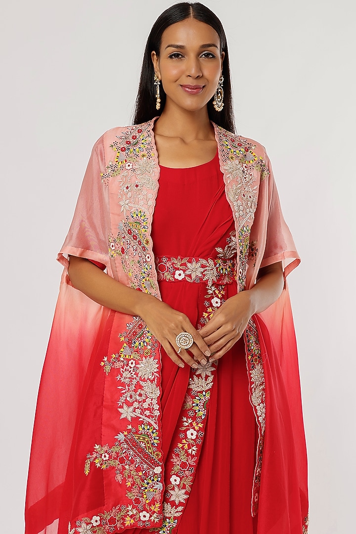 Red Georgette Engagement Gown With Embroidered Drape by Ojasvini at Pernia's Pop Up Shop