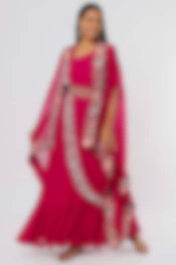 Cherry Red Georgette Gown With Embroidered Drape by Ojasvini