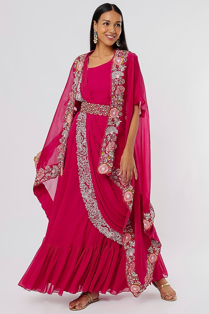 Cherry Red Georgette Gown With Embroidered Drape by Ojasvini