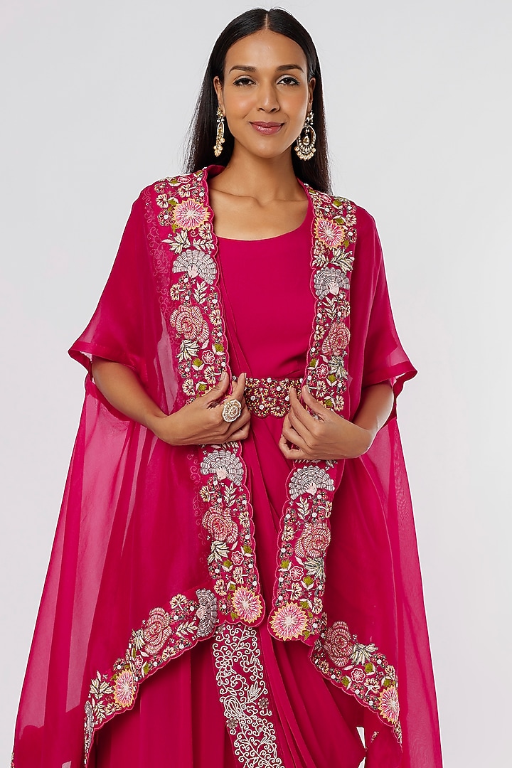 Cherry Red Georgette Engagement Gown With Embroidered Drape by Ojasvini at Pernia's Pop Up Shop