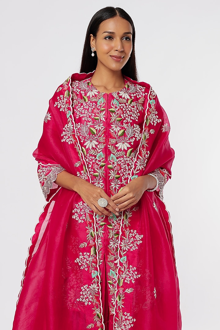 Cherry Red Embroidered Kurta Set by Ojasvini at Pernia's Pop Up Shop