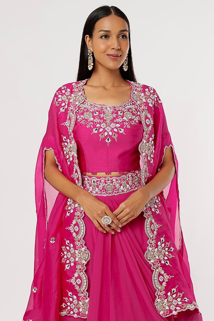 Fuchsia Georgette Cowl Wedding Lehenga Set by Ojasvini at Pernia's Pop Up Shop