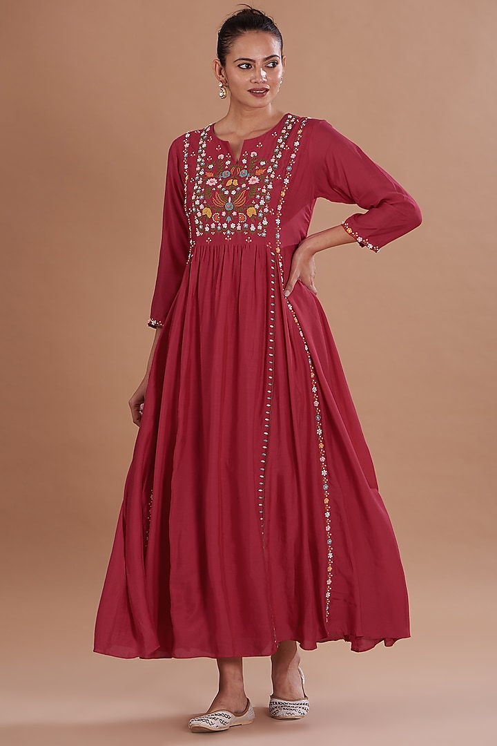 Red Silk Muslin Hand Embroidered Dress by Ojasvini