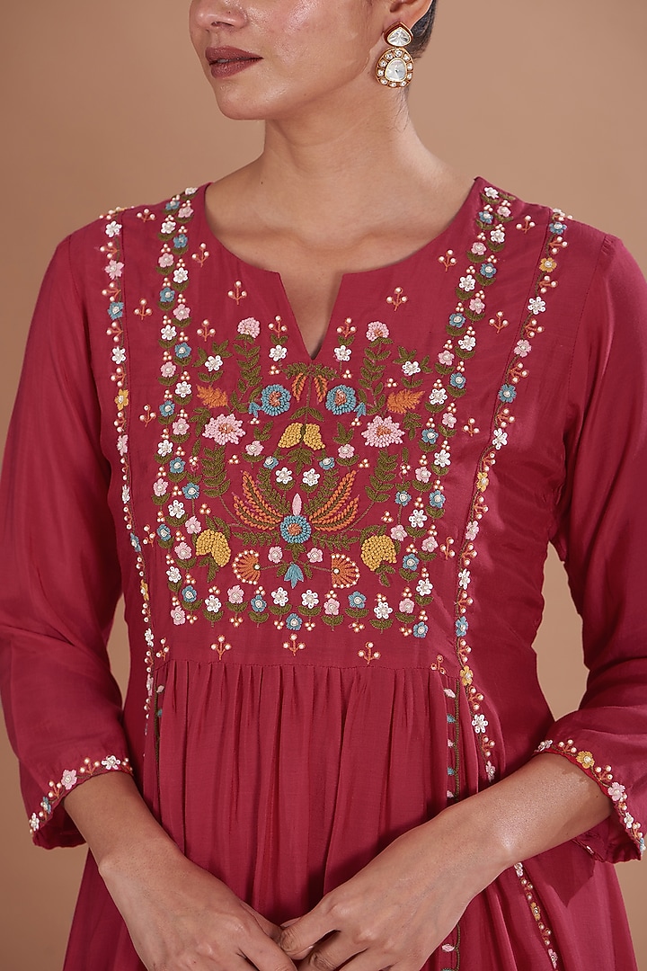 Red Silk Muslin Hand Embroidered Summer Dress by Ojasvini at Pernia's Pop Up Shop