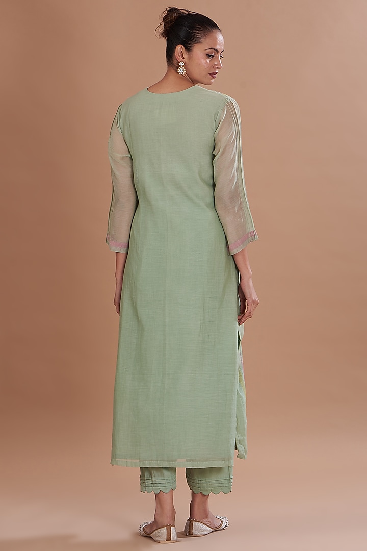 Sea Green Linen Chanderi & Cotton Satin Kurta Set by Ojasvini at Pernia's Pop Up Shop