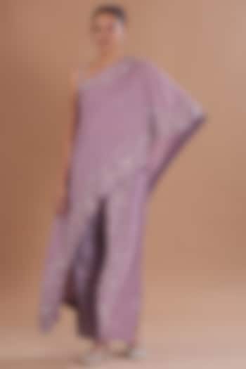 Purple Silk & Mushroom Satin Hand Embroidered One-Shoulder Cape Set by Ojasvini