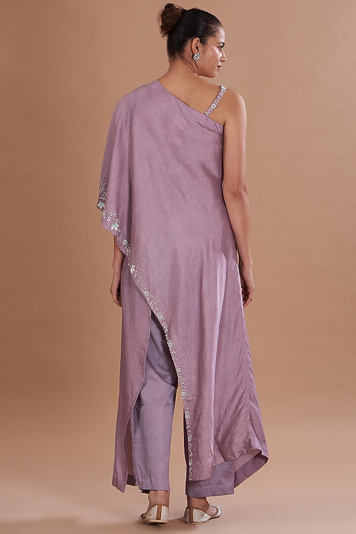 Purple Silk & Mushroom Satin Hand Embroidered One-Shoulder Cape Set by Ojasvini at Pernia's Pop Up Shop