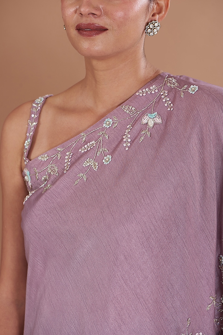 Purple Silk & Mushroom Satin Hand Embroidered One-Shoulder Cape Set by Ojasvini at Pernia's Pop Up Shop