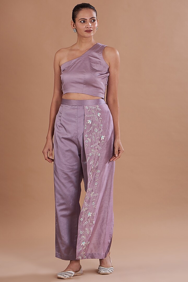 Purple Silk & Mushroom Satin Hand Embroidered One-Shoulder Cape Set by Ojasvini at Pernia's Pop Up Shop