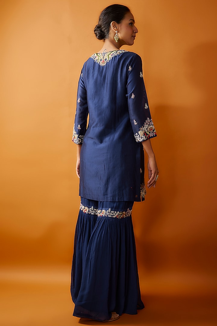 Navy Blue Georgette & Silk Chanderi Wedding Sharara Set by Ojasvini at Pernia's Pop Up Shop