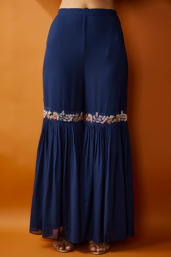 Navy Blue Georgette & Silk Chanderi Wedding Sharara Set by Ojasvini at Pernia's Pop Up Shop