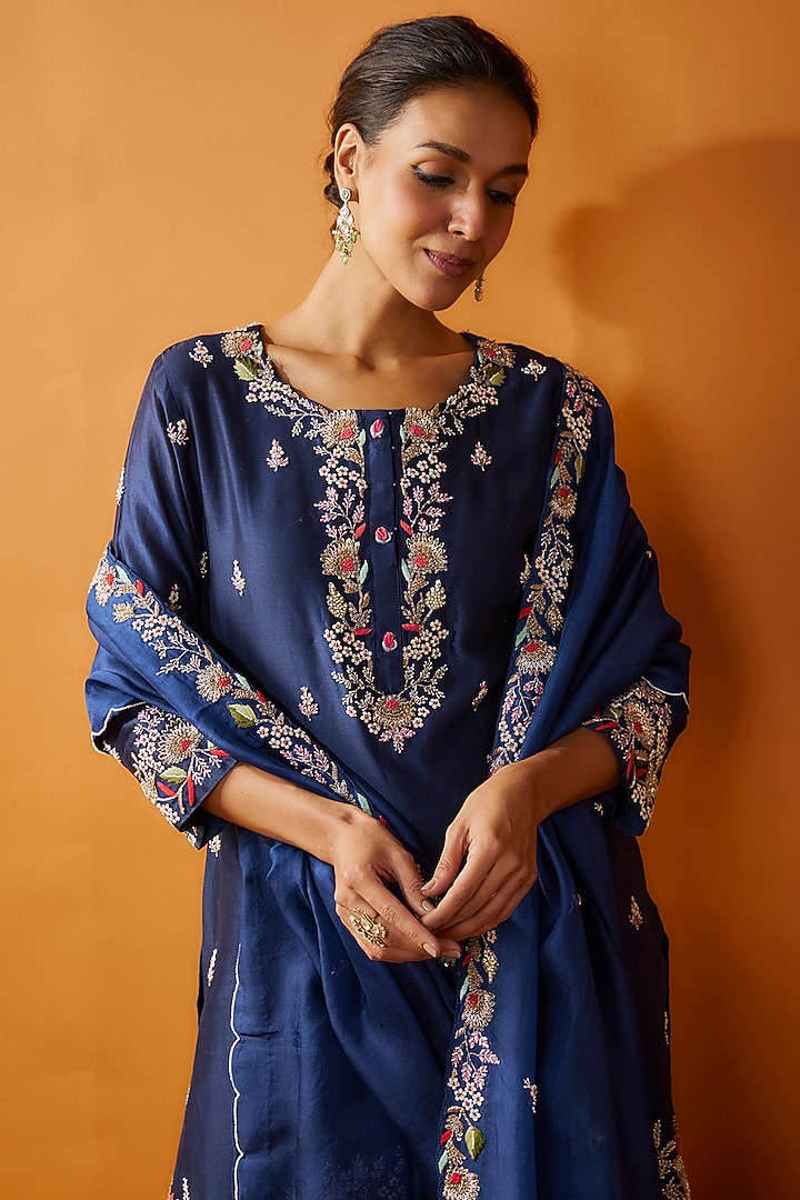 Navy Blue Georgette & Silk Chanderi Wedding Sharara Set by Ojasvini at Pernia's Pop Up Shop