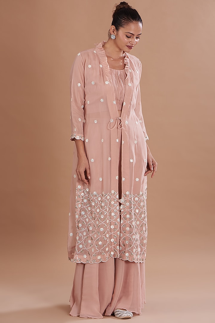Blush Pink Georgette & Satin Organza Mirror Embroidered Jacket Set by Ojasvini at Pernia's Pop Up Shop
