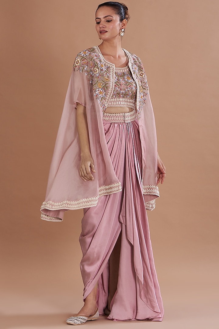 Pink Satin Draped Skirt Set by Ojasvini at Pernia's Pop Up Shop