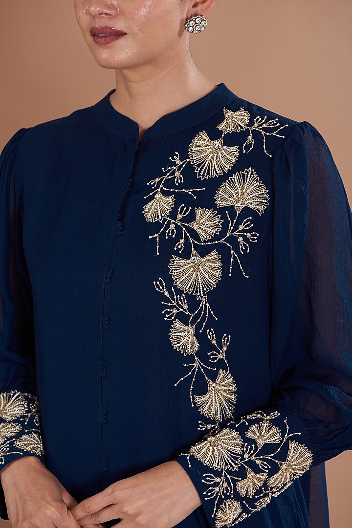 Navy Blue Chiffon Co-Ord Set by Ojasvini at Pernia's Pop Up Shop