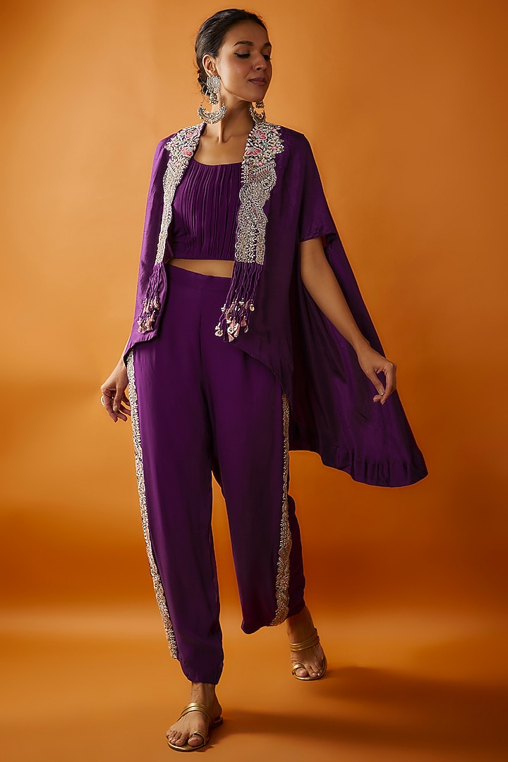 Purple Georgette & Chinese Dupion Embroidered Cape Set by Ojasvini at Pernia's Pop Up Shop