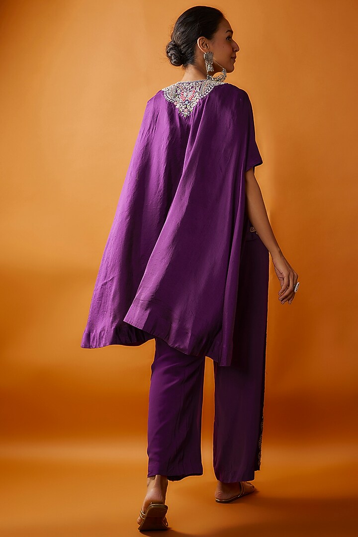 Purple Georgette & Chinese Dupion Embroidered Cape Set by Ojasvini at Pernia's Pop Up Shop