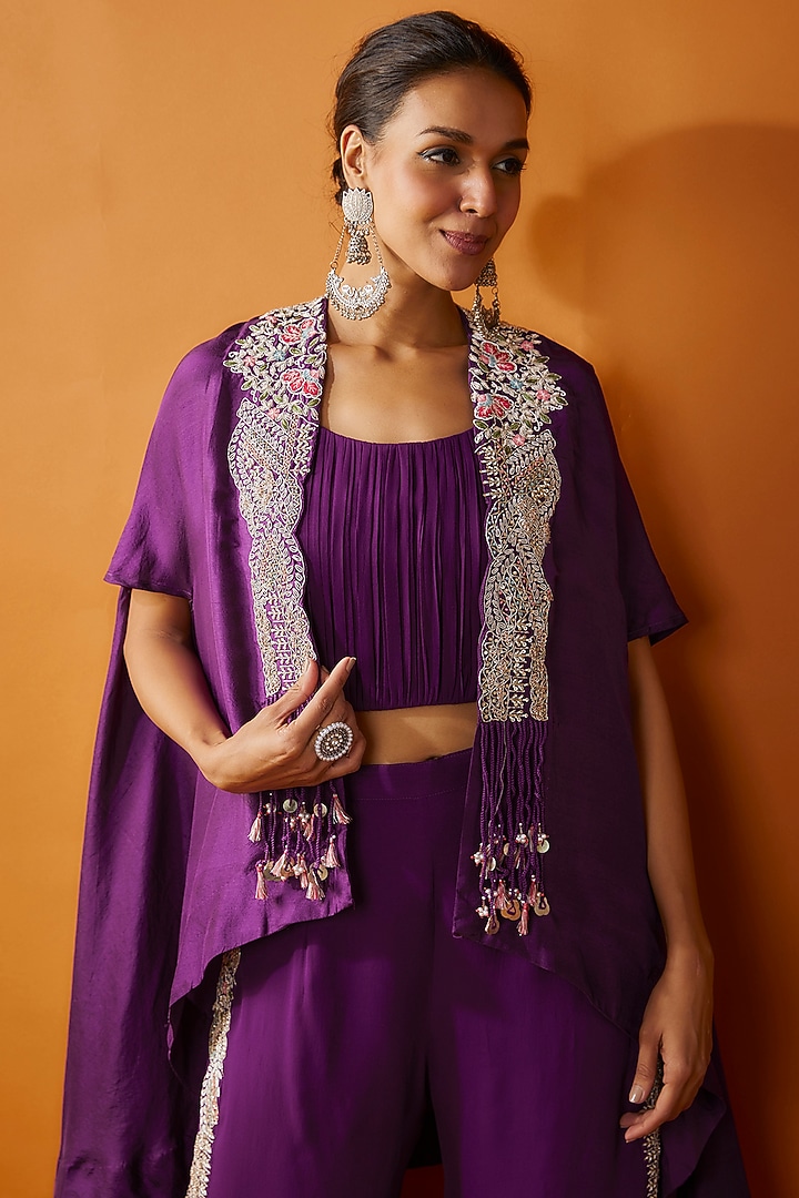 Purple Georgette & Chinese Dupion Embroidered Cape Set by Ojasvini at Pernia's Pop Up Shop