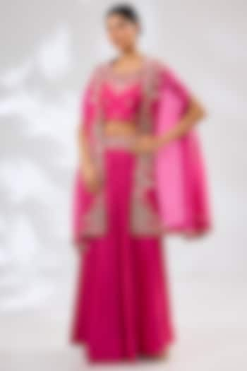 Pink Silk & Organza Embroidered Cape Set by Ojasvini at Pernia's Pop Up Shop