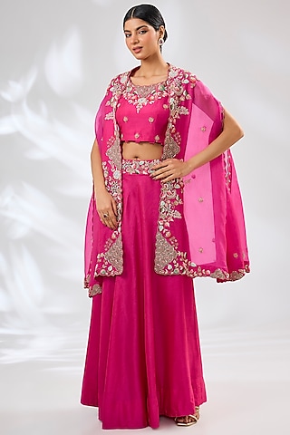 Pink Silk & Organza Embroidered Cape Set by Ojasvini