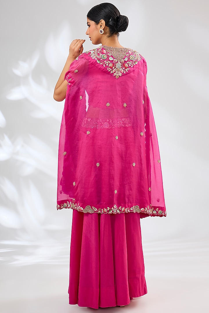 Pink Silk & Organza Embroidered Cape Set by Ojasvini at Pernia's Pop Up Shop