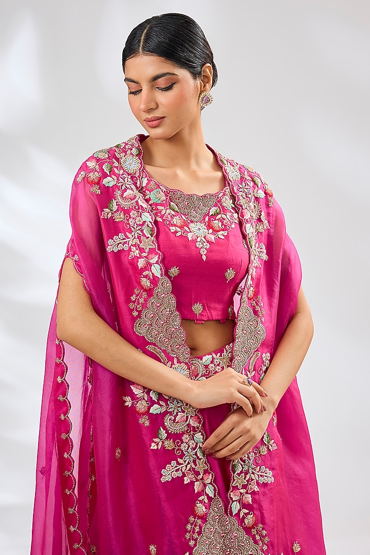 Pink Silk & Organza Embroidered Cape Set by Ojasvini at Pernia's Pop Up Shop