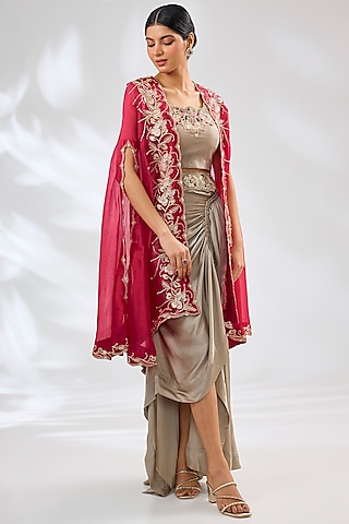 Red Satin & Organza Embroidered Cape Set by Ojasvini