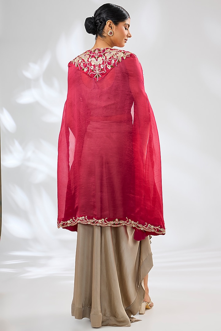 Red Satin & Organza Embroidered Cape Set by Ojasvini at Pernia's Pop Up Shop