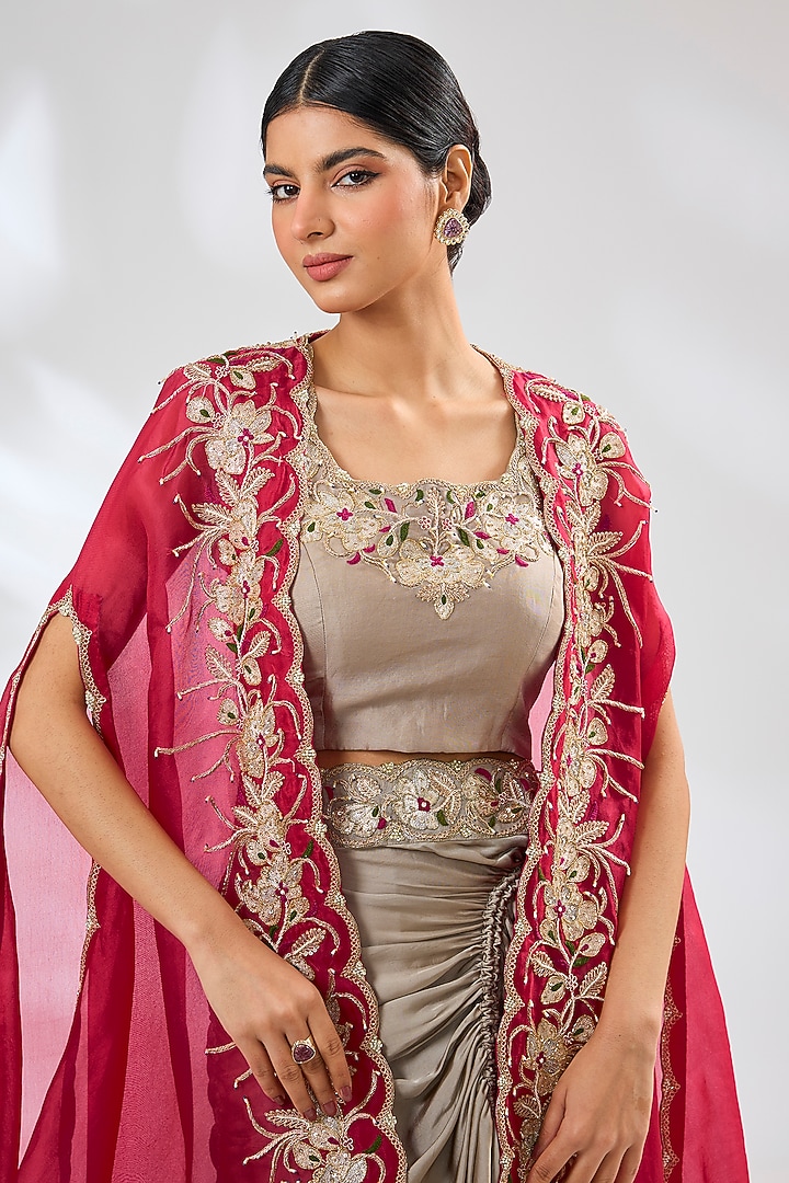 Red Satin & Organza Embroidered Cape Set by Ojasvini at Pernia's Pop Up Shop