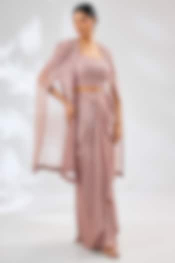 Champagne Satin Organza & Organza Embroidered Cape Set by Ojasvini at Pernia's Pop Up Shop