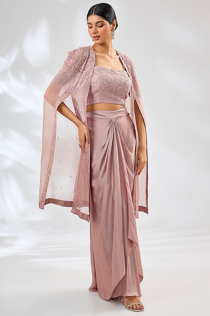 Champagne Satin Organza & Organza Embroidered Cape Set by Ojasvini at Pernia's Pop Up Shop