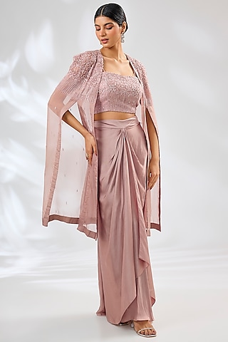 Champagne Satin Organza & Organza Embroidered Cape Set by Ojasvini
