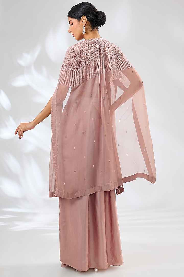 Champagne Satin Organza & Organza Embroidered Cape Set by Ojasvini at Pernia's Pop Up Shop