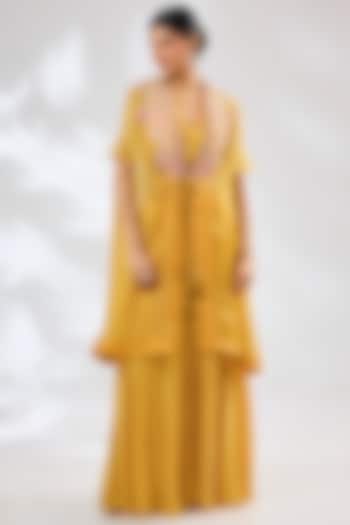 Mango Yellow Crepe & Organza Lucknowi Embroidered Cape Set by Ojasvini at Pernia's Pop Up Shop