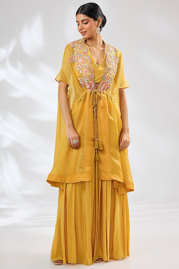 Mango Yellow Crepe & Organza Lucknowi Embroidered Cape Set by Ojasvini at Pernia's Pop Up Shop