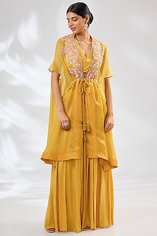 Mango Yellow Crepe & Organza Lucknowi Embroidered Cape Set by Ojasvini