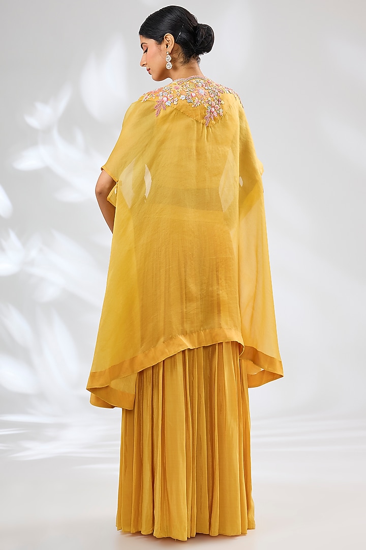 Mango Yellow Crepe & Organza Lucknowi Embroidered Cape Set by Ojasvini at Pernia's Pop Up Shop